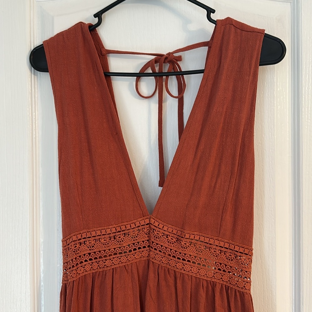 Women's Sexy Boho V-Neck Dress Tie Back Burnt Orange - Large - Picture 2 of 3